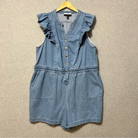 Eloquii Denim Shorts Romper Size 20 Elastic Waist Ruffles Summer Casual Everyday - Picture 2 of 9